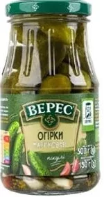 Огірки мариновані, 300 г за підписом;на фото 500 г/450 г, Верес;82,90₴;стар.=сер.мережі 99,90₴;01.10.26 08:00–14.10.26 23:00;до вичерпання запасів;може бути не всюди;бали Родина не нарах.