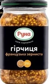 Гірчиця міцна/французька зерниста, 210 г, Руна;26,90₴;стар.=сер.мережі 38,90₴;01.10.26 08:00–14.10.26 23:00;до вичерпання запасів;може бути не всюди;бали Родина не нарах.