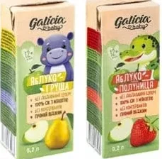 Сік яблуко-полуниця, яблуко-груша з м’якоттю baby, 0.2 л Galicia; ×2:22.90/шт, ×1:28.50; 01.10 08:00–14.10.2026 23:00; до вичерпання; всі/деякі магазини; бали Родина не нарах.