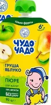 Пюре яблуко-персик з цукром, груша-яблуко без цукру, батат-фрукти, 90 г Чудо-чадо; підпис: з цукром, фото: без доданого цукру; 01.10 08:00–14.10.2026 23:00; до вичерпання; всі/деякі магазини; бали Родина не нарах.