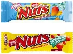Батончик Nuts Nestle: Заряджений горіхами, Манго та карамель, 42 г, Україна; лише магазини з каталогу; 01.10–02.11.2026; за наявності; з ПДВ