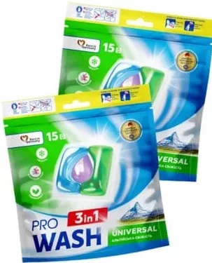 Капсули для прання «Альпійська свіжість» універсальні Pro Wash 3 in 1, 15 шт; 29.09.2026–12.10.2026; грн з ПДВ; за наявності; може діяти не в усіх магазинах; рекоменд. ≤10/чек; знижки не сумуються, діє найбільша; не оптом