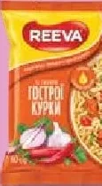 Вермішель швидкого приготування Reeva, курка / гостра курка, пачка, 60 г, асорт.; 01–21.10.26; лояльність; у цьому магазині; доки є.; 12+1 в чеку: найдешевший 13-й 0,10 грн