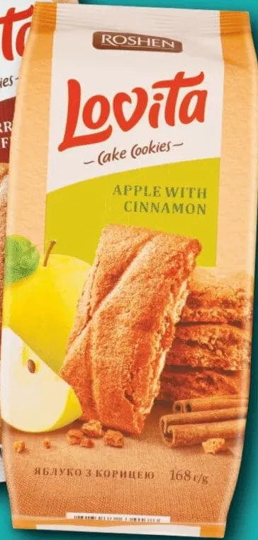 Печиво Lovita Cake Roshen, яблуко+кориця/полунична начинка/вишня+ваніль, 168г; 01–14.10.26; ціни можуть змінитись; можлива відсутність у деяких магазинах.; стара=середня мережі до акції