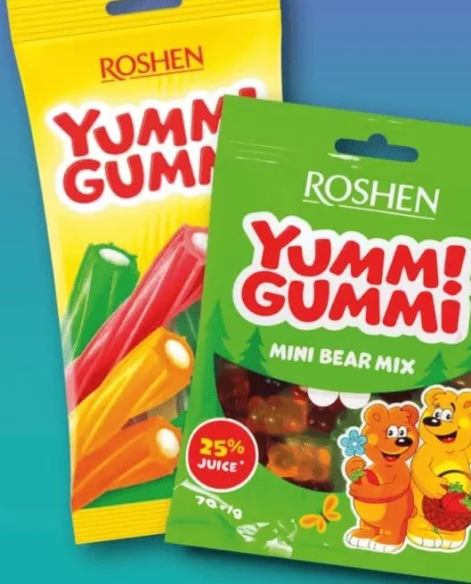 Цукерки Yummi Gummi Roshen: Mini Bear Mix/Twists/Watermelon Slices/Sour Strawberries,70г; від 2шт:22,90грн/шт; 1шт:29,90грн; 01–14.10.26; ціни можуть змінитись; можлива відсутність у деяких магазинах.; стара=середня мережі до акції