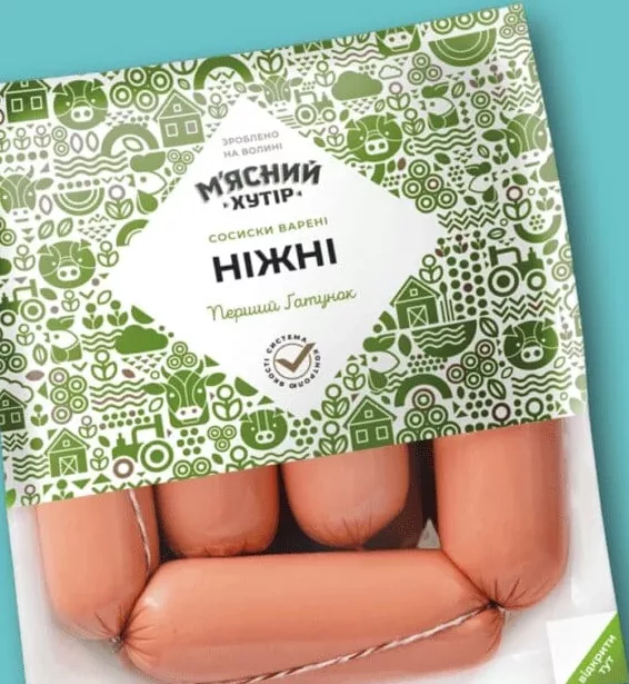 Сосиски «Ніжні», М’ясний хутір; за 100 г; Сімі/Сім23 01–14.10.2026; може бути не в усіх магазинах; ціни можуть змінюватись