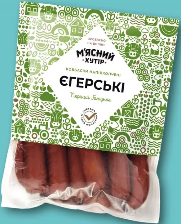 Ковбаски «Єгерські» напівкопчені, М’ясний хутір; за 100 г; Сімі/Сім23 01–14.10.2026; може бути не в усіх магазинах; ціни можуть змінюватись
