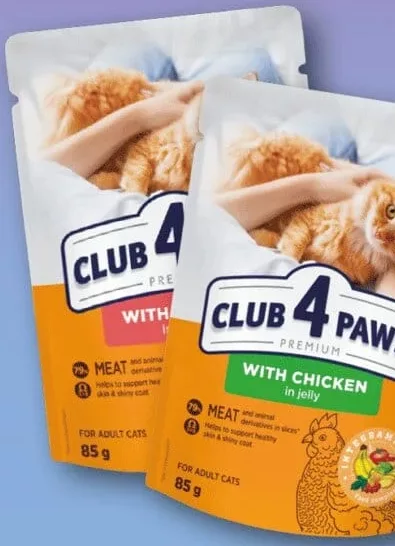 Корм для котів CLUB 4 PAWS: індичка/кролик/курка/яловичина, 85 г; 15,90 грн/шт при купівлі від 2 шт; 1 шт=18,90 грн; 01–14.10.2026; асортимент може різнитись; ціни можуть змінитись; стара=середня мережі до акції