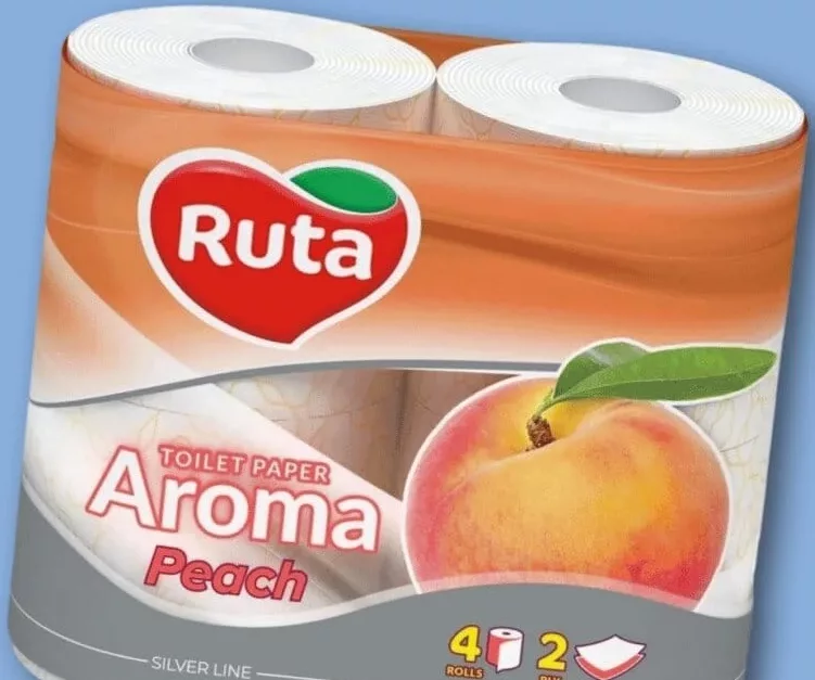 Папір туалетний персик Ruta, 4 рулони, 2 шари (на упаковці: Aroma Peach); 01–14.10.2026; асортимент може різнитись; ціни можуть змінитись