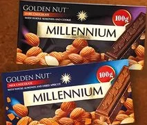 Шоколад ТМ Millennium Gold Nut чорний з цілим мигдалем / молочний з цілим мигдалем та курагою, 100 г