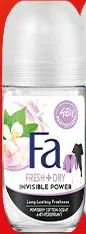 Дезодорант-антиперспірант кульковий Fa, в асортименті, 50 мл: Fresh+Dry Invisible Power / Green Tea. Акція 07.10.2026–13.10.2026, за наявності; не більше 6 одиниць в одному чеку.