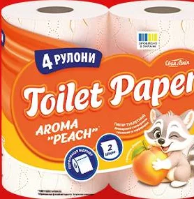 Туалетний папір Своя Лінія, аромат персика, 2 шари, кольорове тиснення, 4 рулони; −23%; не більше 6 одиниць в одному чеку