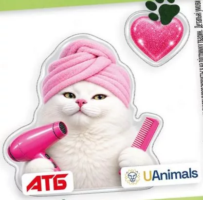Наліпка АТБ × UAnimals: кішка в рушнику з феном та гребінцем; 30.09–27.10.2026; АТБ, крім окупованих територій; за наявності, кількість обмежена; 100% прибутку UAnimals для притулків; внесок не повертається