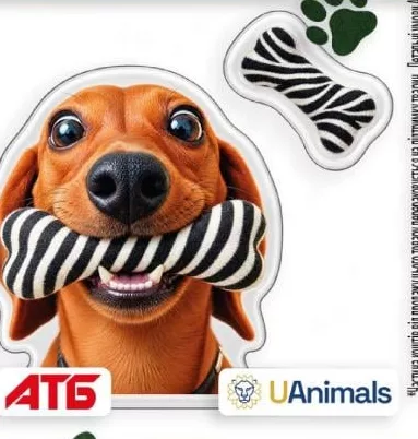 Наліпка АТБ × UAnimals, пес із кісточкою; 30.09–27.10.2026; АТБ, крім окупованих територій; за наявності, кількість обмежена; 100% прибутку UAnimals для притулків; внесок не повертається