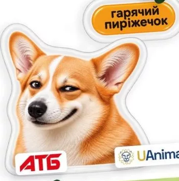 Наліпка АТБ × UAnimals «Гарячий пиріжечок», коргі; 30.09–27.10.2026; АТБ, крім окупованих територій; за наявності, кількість обмежена; 100% прибутку UAnimals для притулків; внесок не повертається