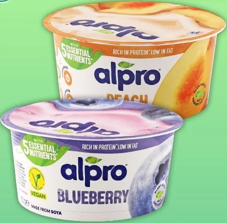 Десерт соєвий Alpro, в асортименті: персик / чорниця, 150 г; 29.09–12.10.2026; веганський