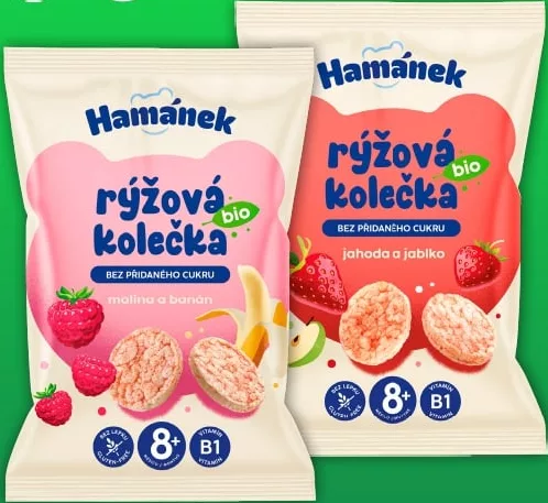 Снеки рисові органічні Hamánek, малина-банан / полуниця-яблуко, без доданого цукру, від 8 місяців, 35 г; 29.09–12.10.2026
