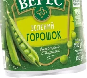 Горошек Верес зелёный консервированный, 420 г по подписи; на фото банка 200 г; 30.09–13.10.2026