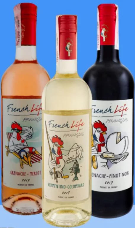 FRENCH LIFE Vin alb/rosé/roșu, sec/demisec, 0,75 l: Grenache–Merlot, Vermentino–Colombard, Grenache–Pinot Noir; 249 UAH/buc.