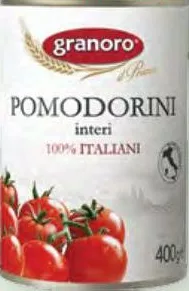 Томаты Granoro Polpa di Pomodoro кусочки очищ. / Pomodori Collina черри целые (фото: Pomodorini interi) / Pelati целые очищ. в своём соку, банка 400 г; от 56,90 грн, ранее от 75,90 грн; ограничено; не оптом