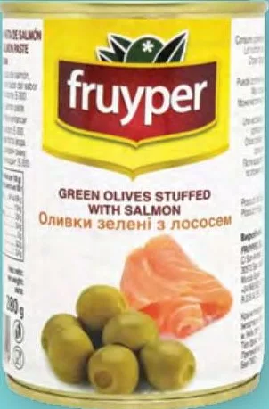 Оливки зелёные Fruyper с лососем / красным перцем, банка 300 мл; фото: 300 г (разные единицы); от 56,90 грн, ранее от 75,90 грн; ограничено; не оптом