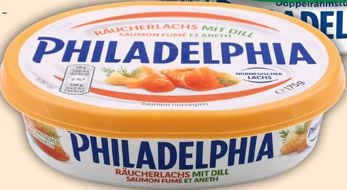 Крем-сир Philadelphia з добавками, 150–195 г; на фото: Kräuter Balance / копчений лосось із кропом; ціна від 113,90 грн/шт.