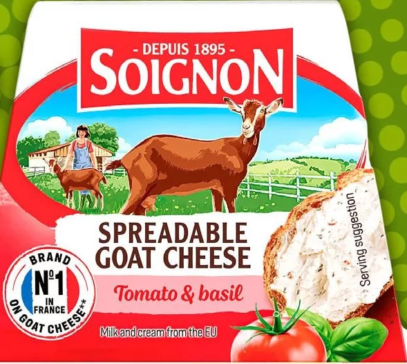 Крем-сир Soignon, козячий, песто з помідорами, 40%, 150 г; на фото Tomato & Basil