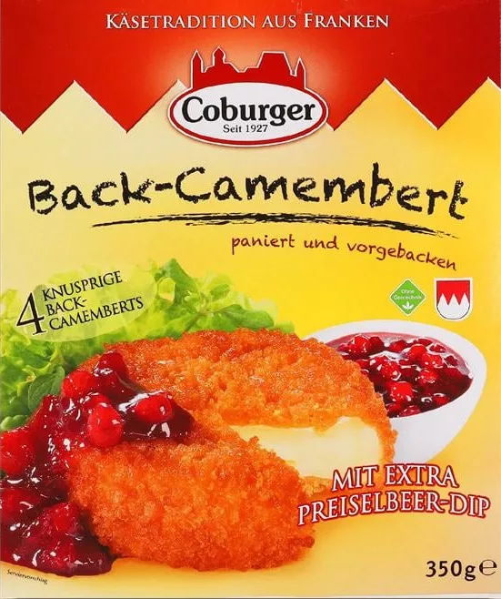 Сир Coburger Back-Camembert для запікання, 45%, 4 шт., 350 г; соус журавлиновий в описі, брусничний на фото