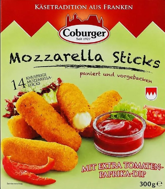 Сирні палички Coburger Mozzarella Sticks для запікання, 45%, 14 шт., 300 г, з томатно-паприковим дипом