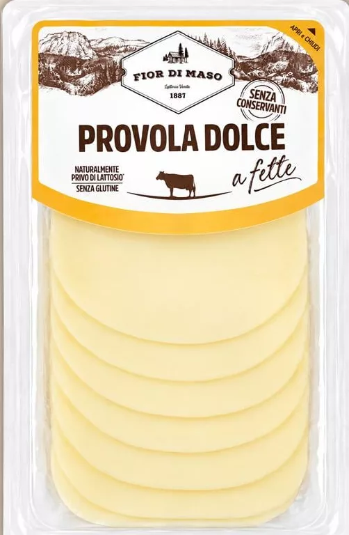 Сир Fior di Maso, нарізка 45%, 130 г: Проволоне в описі, Provola Dolce на упаковці