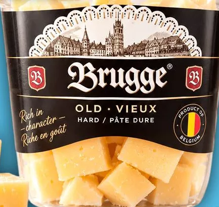 Сир кубиками Brugge 50%, Old / Young, 150 г; ціна від 279,90 грн; у буклеті Нідерланди, на упаковці Бельгія