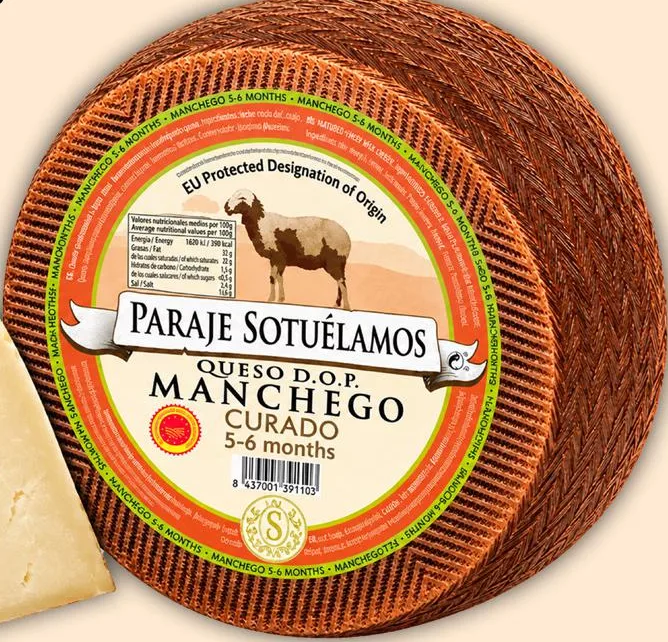 Сир Манчего 55%; Vega Sotuelamos в описі, Paraje Sotuelamos Manchego DOP Curado 5–6 міс. на фото; ціна за 100 г
