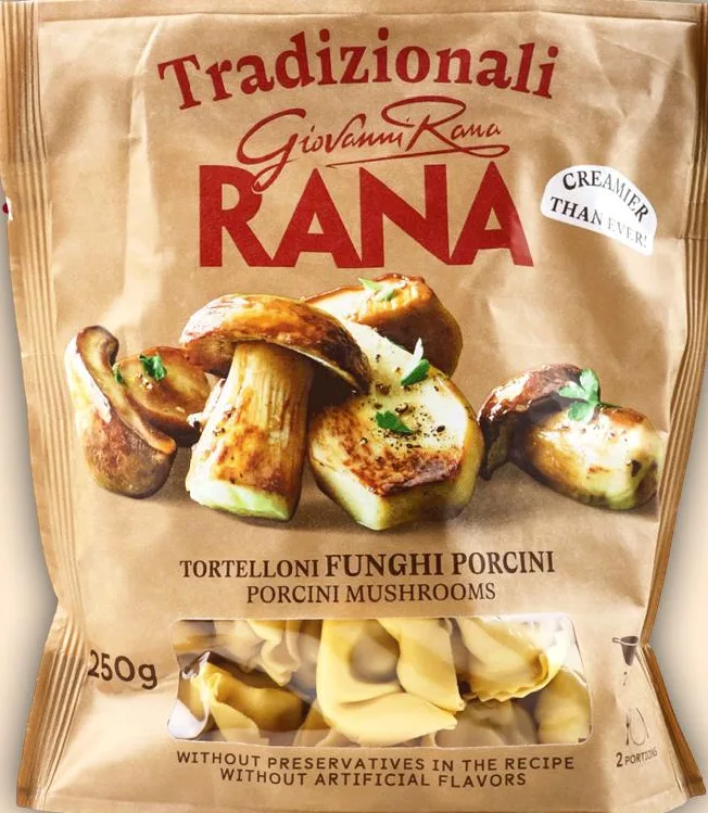 Паста Rana Tradizionali з білими грибами, 250 г; в описі равіолі, на упаковці Tortelloni Funghi Porcini