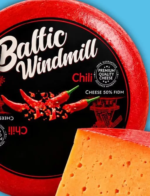 Сир Гауда з чилі 50%, 100 г; в описі Pittoresque, на фото Baltic Windmill