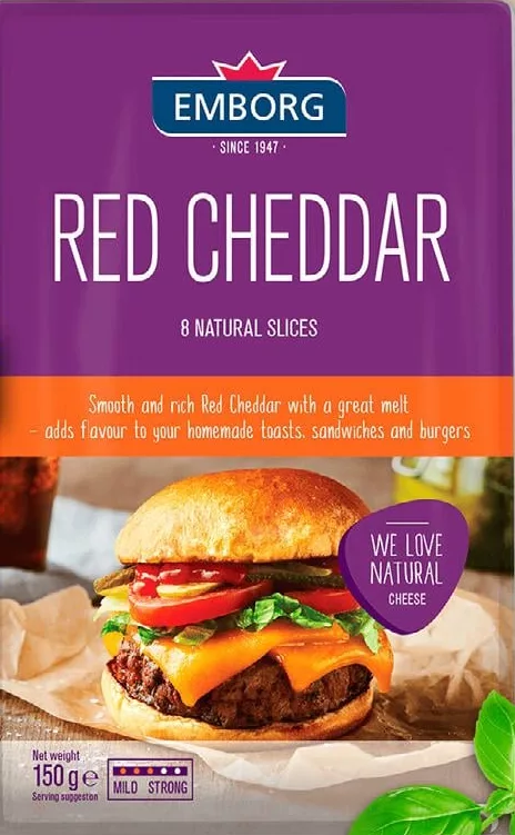 Сир чедер червоний Emborg Red Cheddar 50%, нарізка, 150 г, 8 скибок