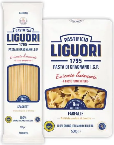 Paste Liguori, sortiment (spaghetti, farfalle), 500 g. Fără en-gros; recomandat ≤10 buc./bon; reducerile nu se cumulează, se aplică cea mai mare; stoc limitat; nu în toate magazinele.