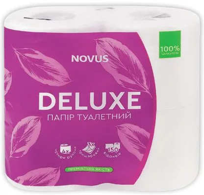 Hârtie igienică Deluxe NOVUS, albă, 3 straturi, 4 role/pachet. 08–12.10.2026. Fără en-gros; recomandat ≤10 buc./bon; reducerile nu se cumulează, se aplică cea mai mare; stoc limitat; nu în toate magazinele.