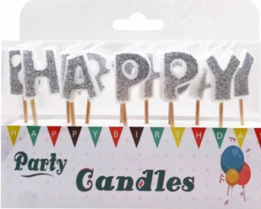 Свічка для торта «Happy Birthday»; на фото літерні свічки HAPPY