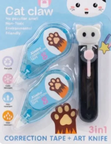 Set de papetărie Cat claw 3 în 1: 2 benzi corectoare și cutter