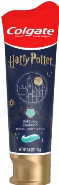 Pastă de dinți COLGATE Harry Potter Bubbling Cauldron Bubble Fruit, 50 ml în text; foto: cutie 100 g, tub 130 g