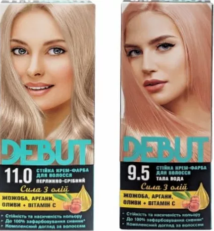 Vopsea-cremă permanentă DEBUT, 11.0 perlat-argintiu / 9.5 apă de topire / 9.8 perlă bej, sortimente