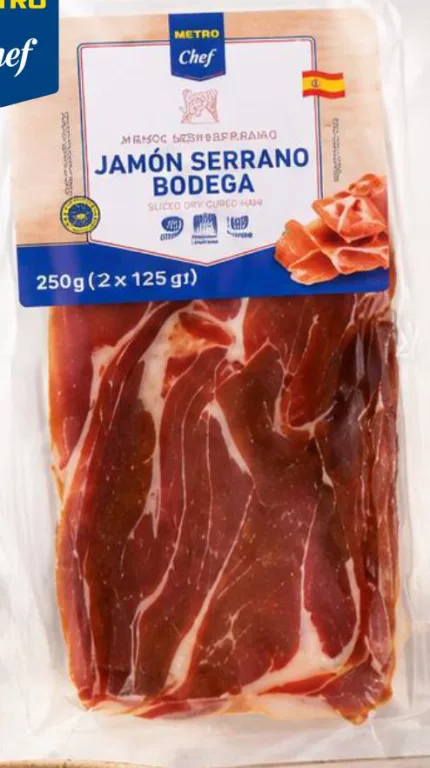 Jambon feliat METRO Chef Serrano Bodega, 2×170 g în descriere; foto: 250 g (2×125 g), etichetă verso 130 g; cu card METRO, doar în magazin, în limita stocului