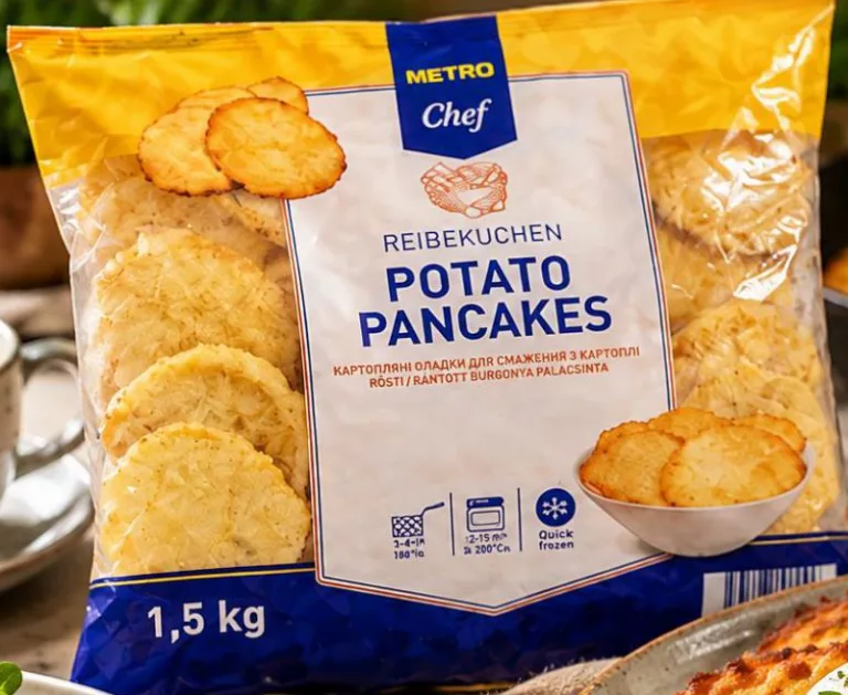 Clătite de cartofi METRO Chef, congelate, 1,5 kg; 4+ pachete: 195 UAH/pachet; 2+: 285; 1: 355; cu card METRO, doar în magazin, în limita stocului
