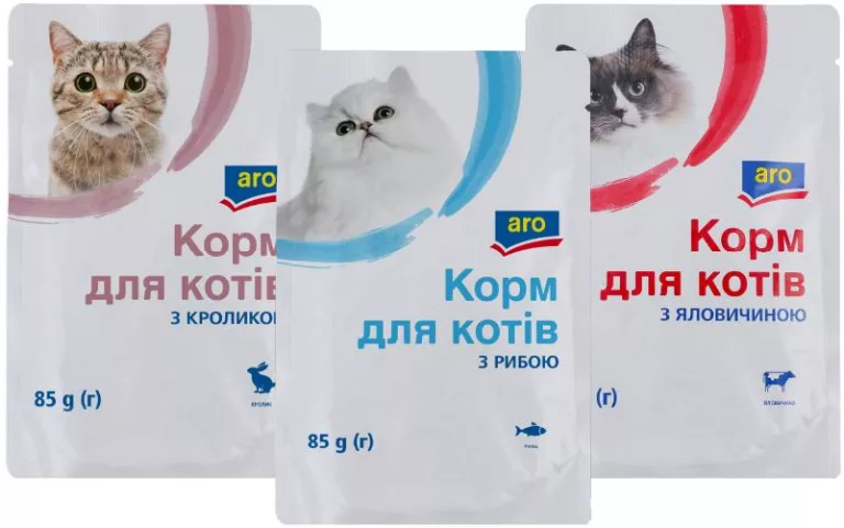 Hrană umedă pisici ARO, iepure/pește/vită, 85 g; 9,90 UAH/buc. la 12+ identice; 1 buc. 10,60 UAH; card METRO, numai în magazine, în limita stocului