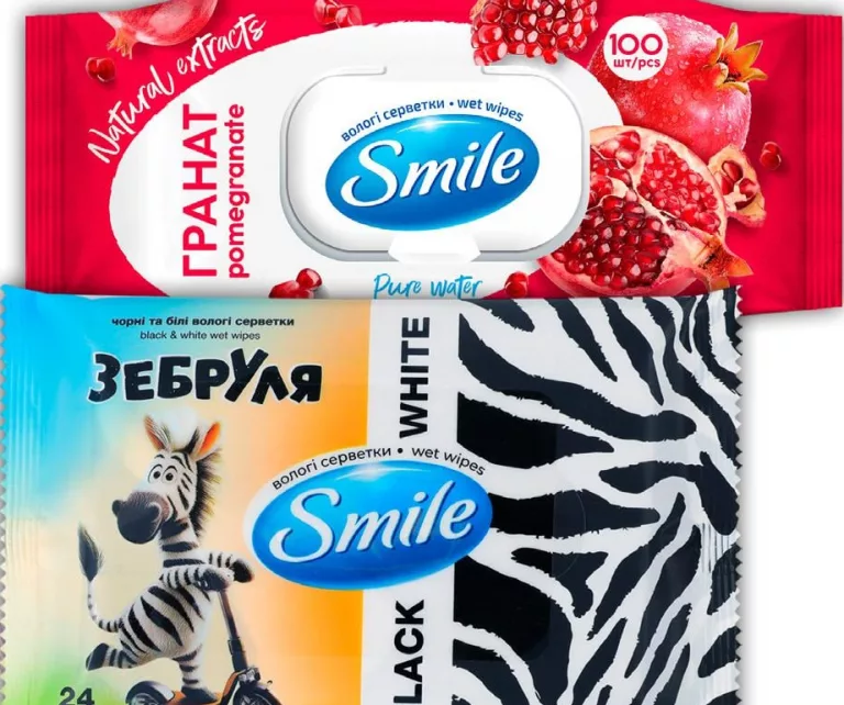 Влажные салфетки Smile, ассортимент (гранат / Зебруля), 24–120 шт.; от 21,50 грн; только 12.10.2026; количество ограничено; ограниченный запас, пока есть; не все магазины