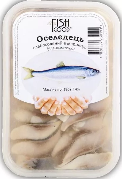 Сельдь Fish Good, слабосолёная, филе-кусочки в маринаде, 180 г; отметка 15%; акц. запас ограничен; не все VARUS; до исчерпания запасов