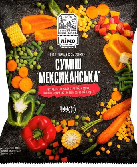 Смесь овощная Лимо 400 г: подпись Итальянская, на фото Мексиканская; значок 15%; запасы ограничены, не все магазины, до исчерпания