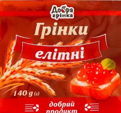 Гренки Добра грінка Элитные / Пикантные, 110–140 г, ассортимент; цена от; значок 15%; запасы ограничены, не все магазины, до исчерпания