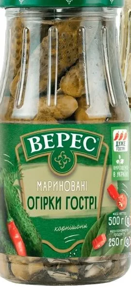 Огурцы Veres маринованные острые / пикантные: подпись 435 г, фото 500 г / 250 г без жидкости; цена от; запасы ограничены, не все магазины, до исчерпания