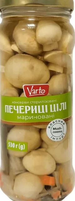 Шампиньоны Varto целые консервированные маринованные, 530 г, Китай; запасы ограничены, не все магазины, до исчерпания